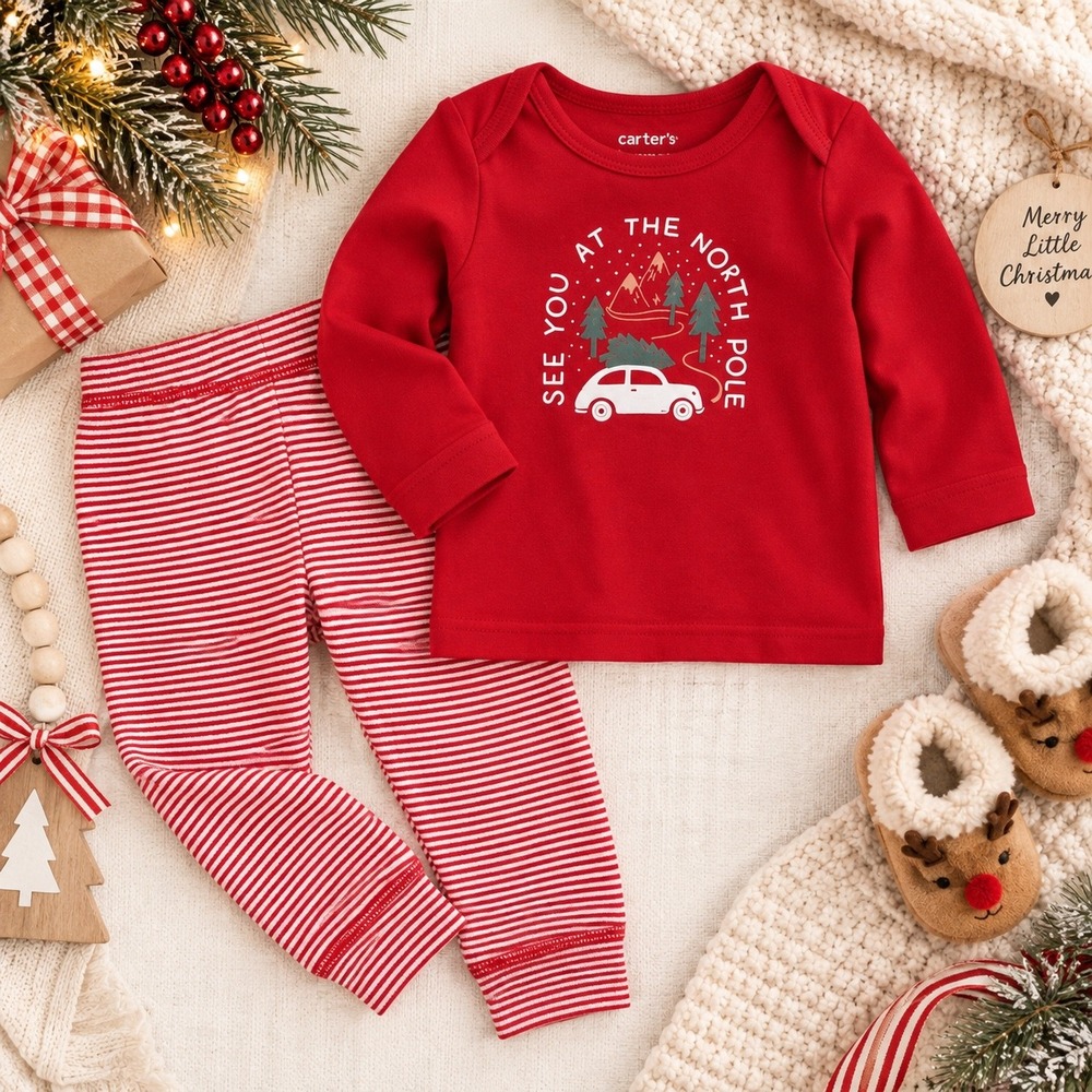 Carter's Just One You Kids Red North Pole Christmas Pajama Set 2-Piece Snug Fit - Picture 2 of 4